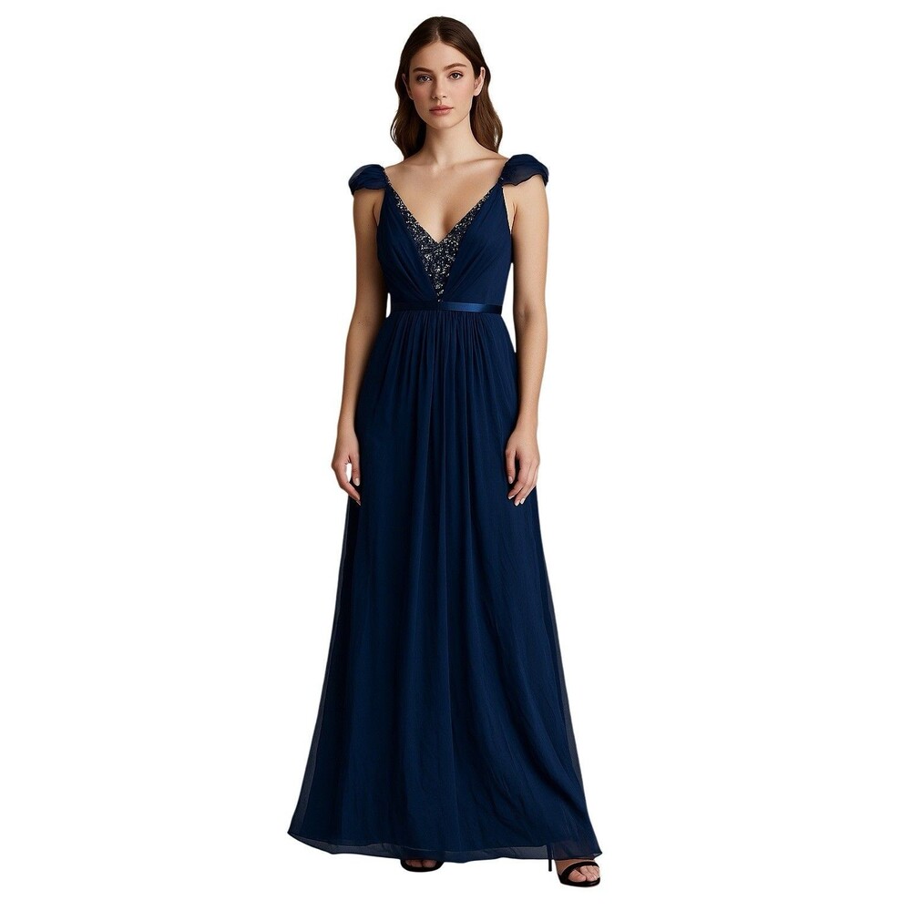 Mikael Aghal Silk Maxi Gown Blue Beaded Prom Formal Event Dress